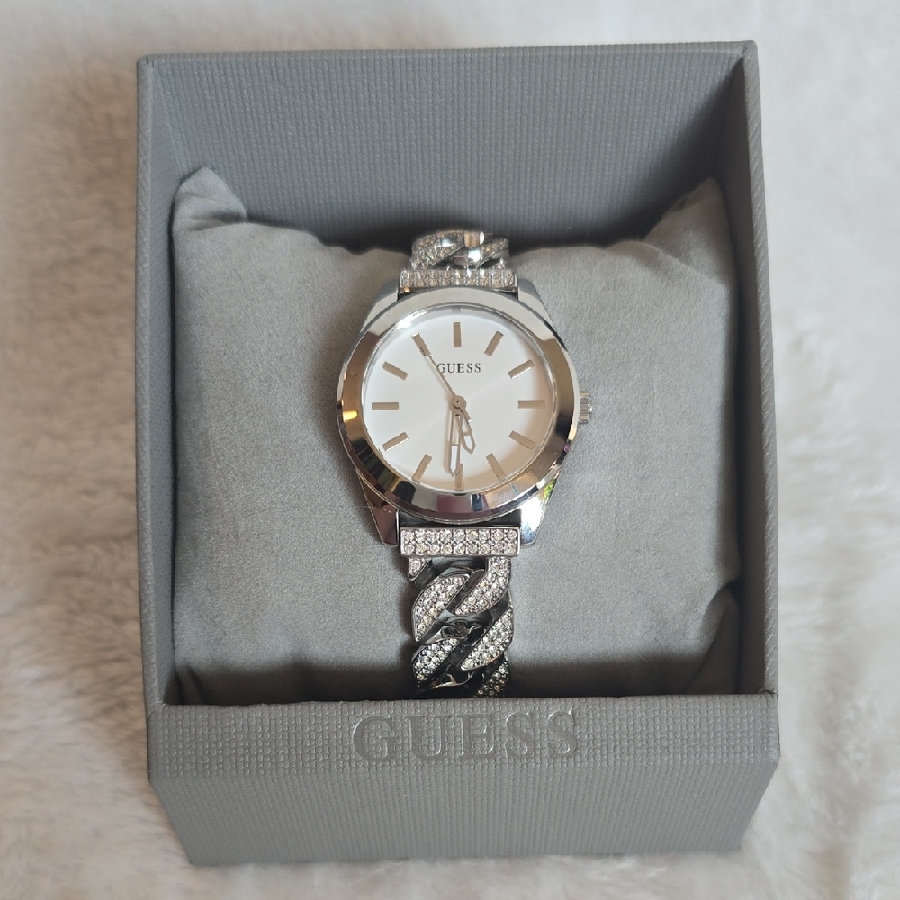 NWOT GUESS Women's Silver Watch with Crystal Chain